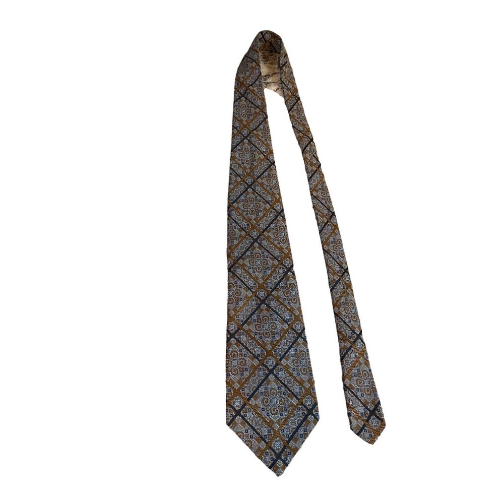 Vintage Andhurst Mens Necktie Brown Blue Geometric Retro Mod Wide Statement Dad